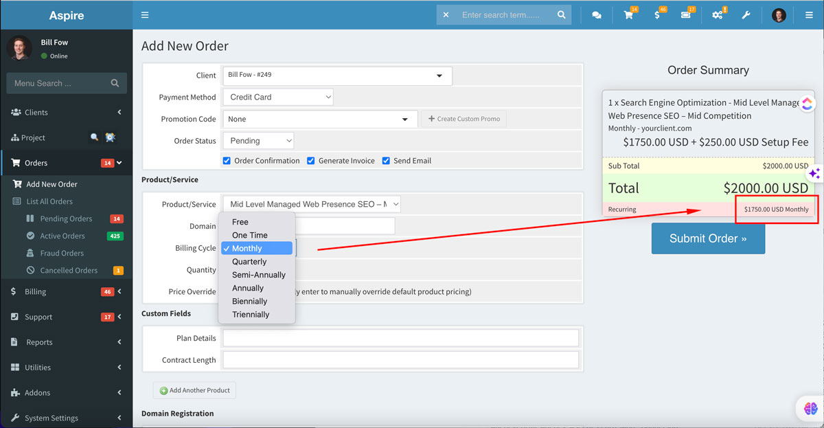 AgencyPortal Recurring Billing Screenshot Order Form